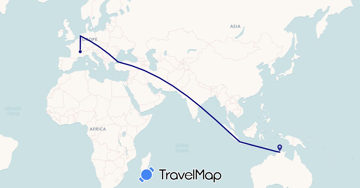 TravelMap itinerary: driving in Australia, France, Indonesia, Netherlands, Turkey (Asia, Europe, Oceania)